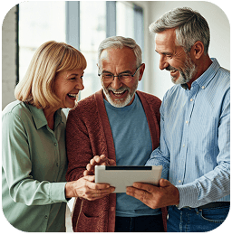 Happy older adults using a tablet together